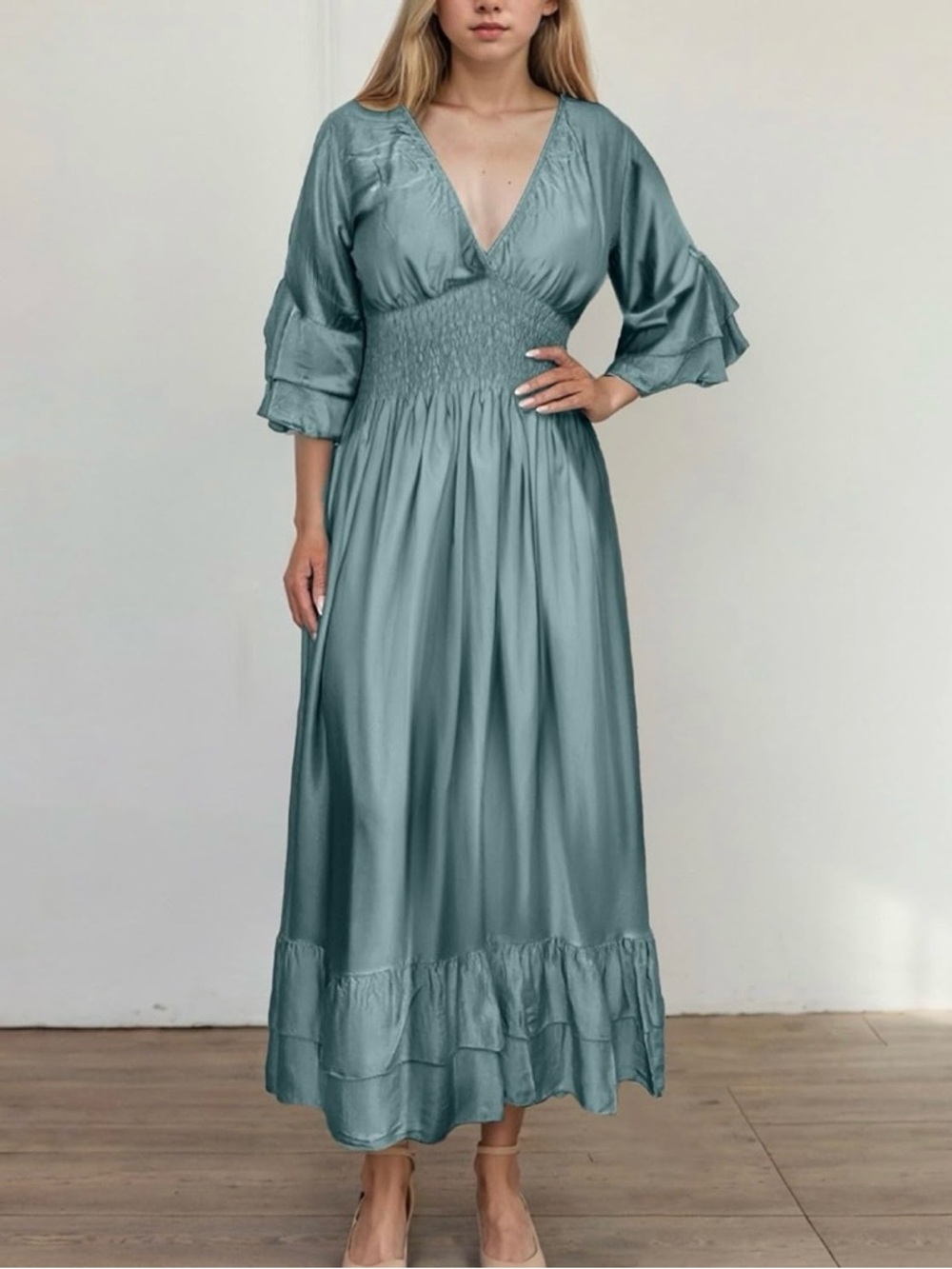 Boutique Smocked Waist V-Neck Maxi Dress